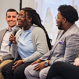 A student panel of current students and graduates speak at a BOT committee meeting in the MCSC. Participants:Mariama Ibrahim (2019 graduate / ASO & SGA Leader / Biology Major), Giovanni Triana (2017 Graduate / SGA & Turning Point Leader / Political Science Major), Kamari Purvis (Senior / BSU & NAACP Leader / Religious Studies Major), and Montgomery Coudriet (Senior / College Republicans Leader / Political Science) were a part of the panel. (ECU Photo by Cliff Hollis)